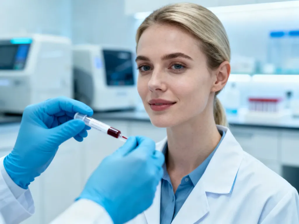 Pracownik medyczny przygotowujący probówkę do pobrania krwi w nowoczesnym laboratorium diagnostycznym.