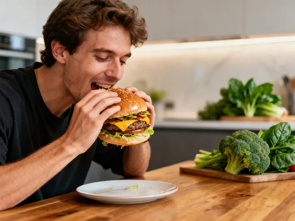 Mężczyzna z radością je dużego cheeseburgera przy stole, podczas gdy w tle widać zdrowe warzywa w kuchni.