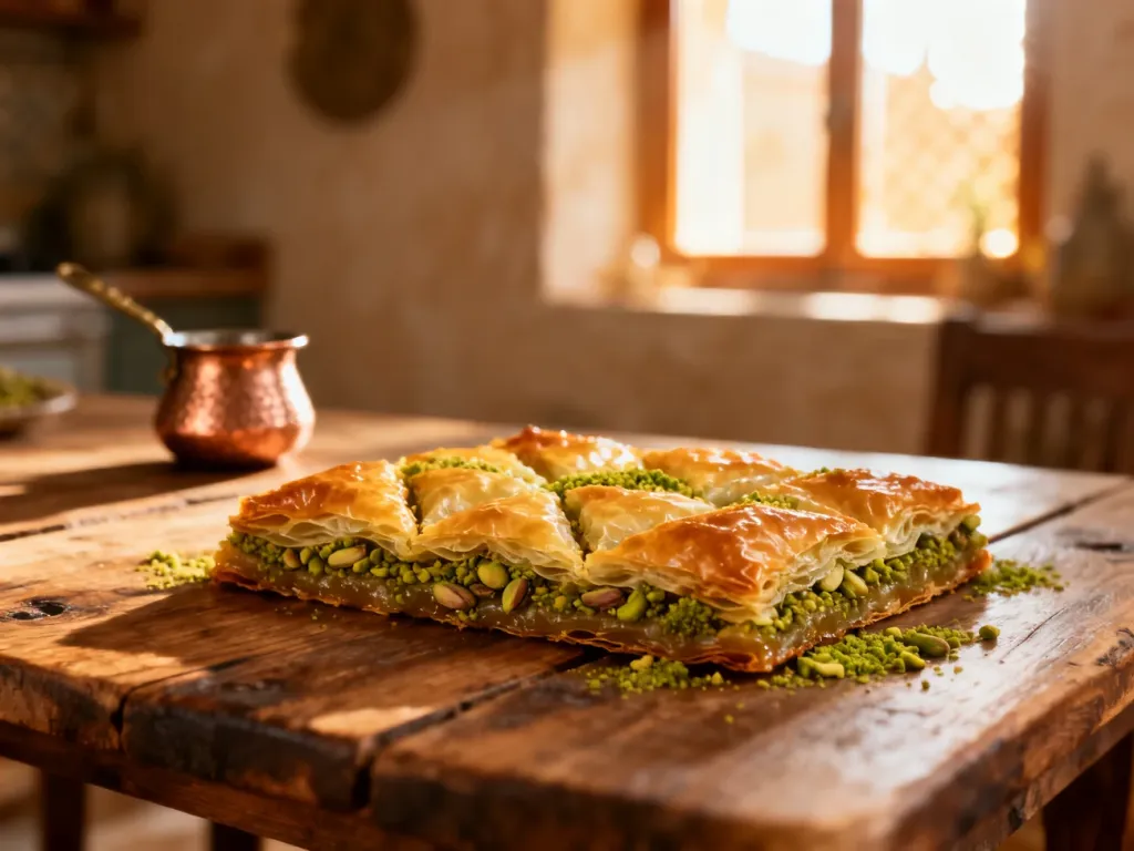 Złocista baklawa z warstwami ciasta filo i posiekanymi pistacjami na rustykalnym stole w słonecznej kuchni.