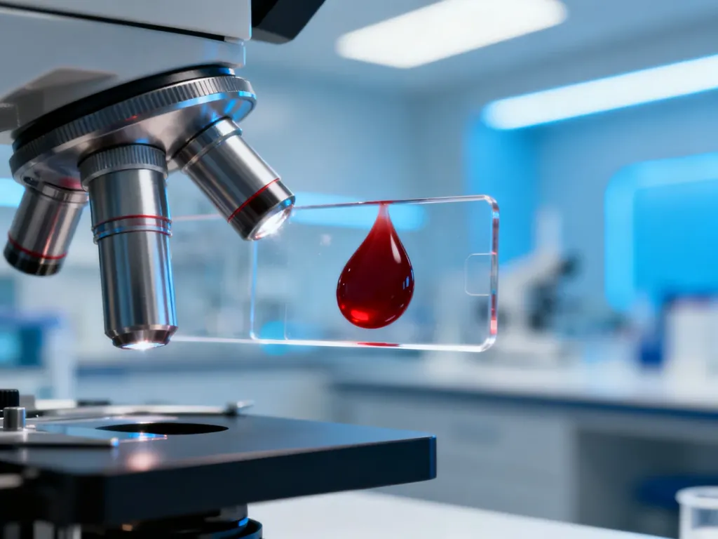 Kropla krwi na szkiełku mikroskopowym w profesjonalnym laboratorium medycznym.
